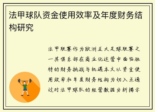 法甲球队资金使用效率及年度财务结构研究